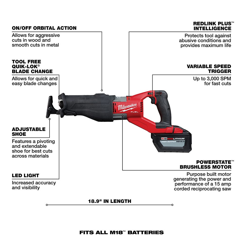Milwaukee 2722-21HD M18 FUEL SUPER SAWZALL 12.0Ah HD Kit