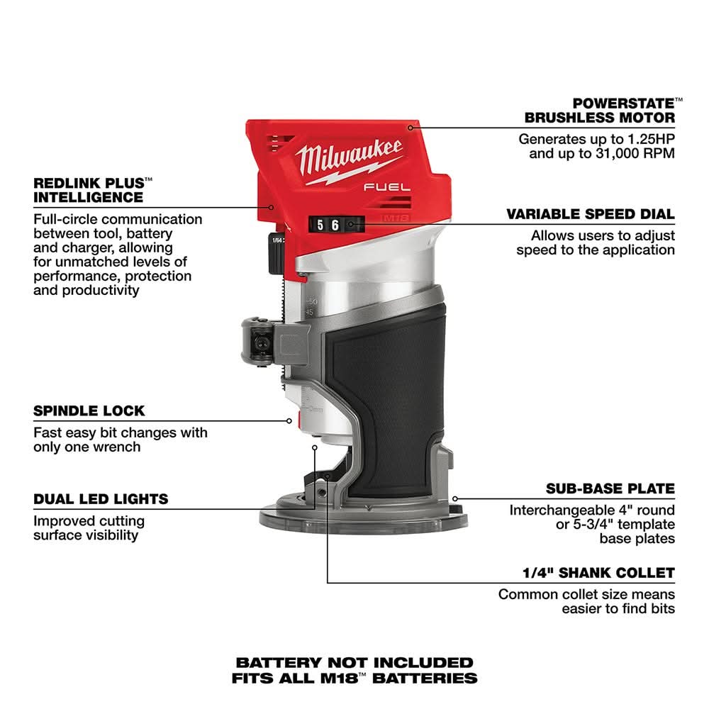 Milwaukee M18 FUEL Brushless Compact Router with M18 REDLITHIUM HIGH OUTPUT XC 6.0Ah Battery 2-Pack