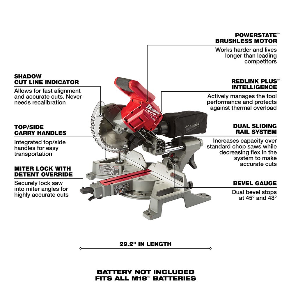 Milwaukee 2733-20 M18 Fuel 7-1/4 Dual Bevel Sliding Compound Miter Saw, Tool Only