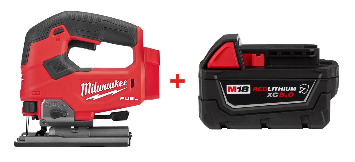 Milwaukee 2737-20 M18 Fuel D-Handle Jig Saw with Milwaukee 48-11-1850R M18 REDLITHIUM XC5.0 Oil & Solvent Resistant Battery