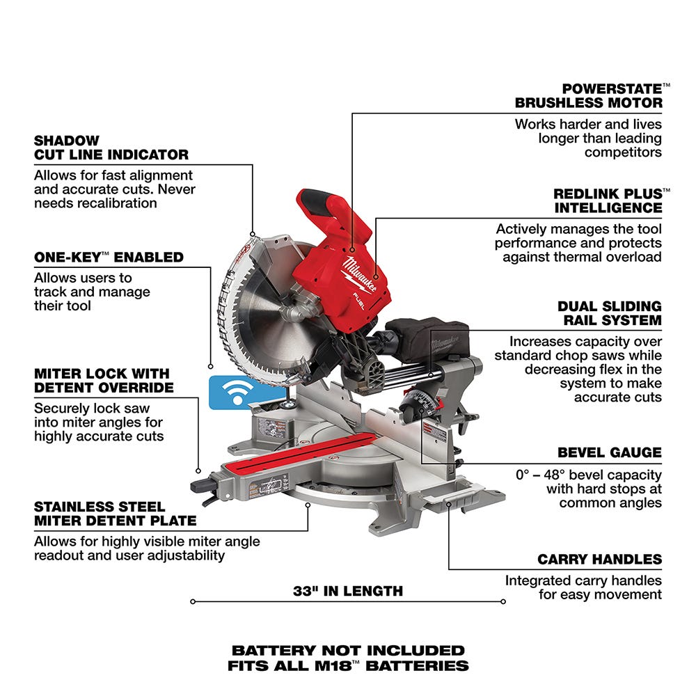 Milwaukee 2739-20 M18 FUEL 12" Dual Bevel Sliding Compound ONE-KEY Miter Saw, Tool Only