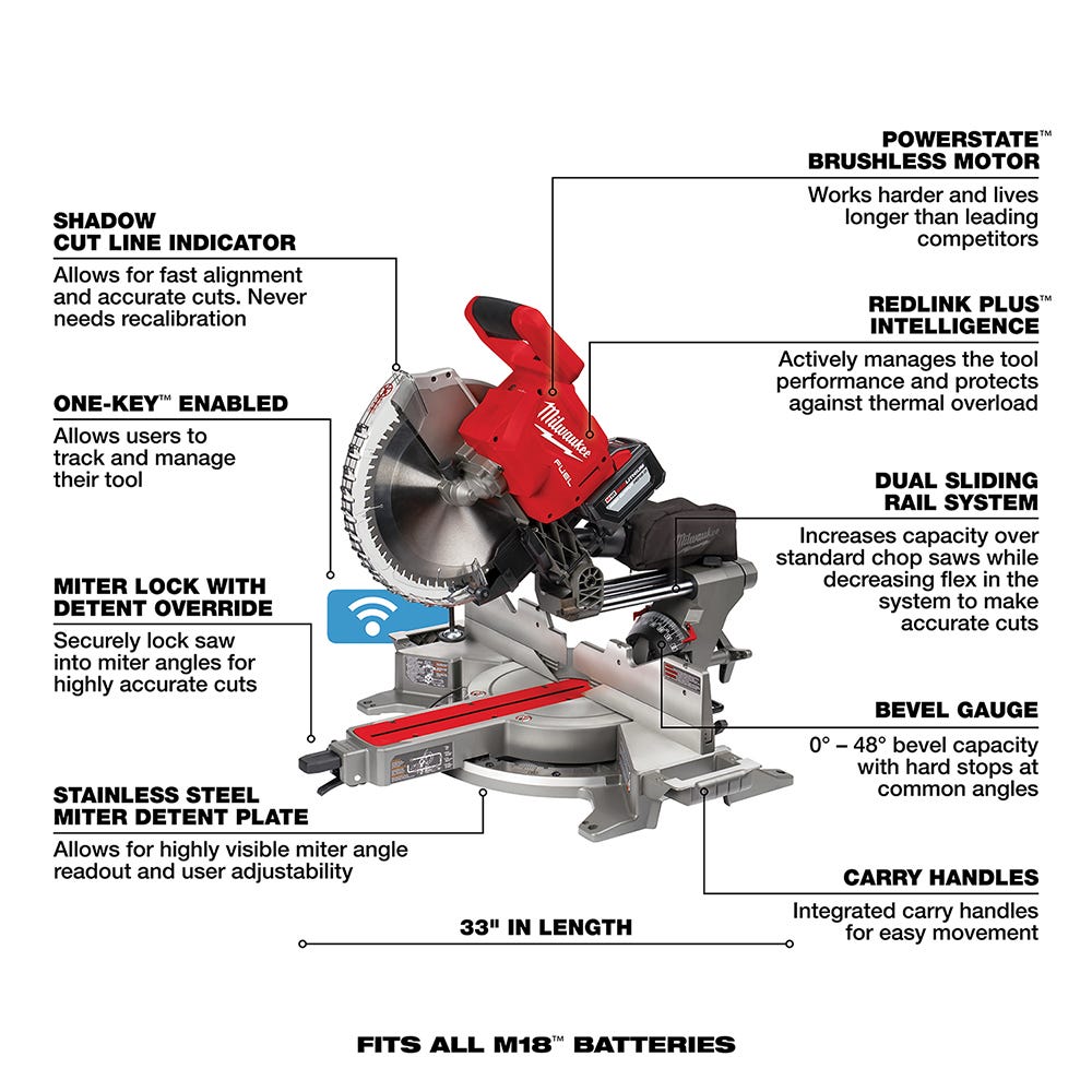 Milwaukee 2739-21HD M18 FUEL 12" Dual Bevel Sliding Compound ONE-KEY Miter Saw 12.0Ah Kit