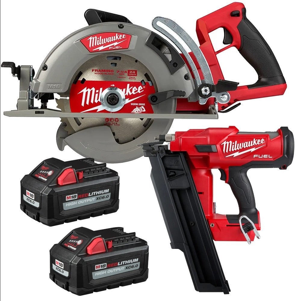 Milwaukee M18 FUEL 21-Degree Framing Nailer with M18 FUEL 7-1/4" Circular Saw and M18 REDLITHIUM HIGH OUTPUT XC 6.0Ah Battery 2-Pack