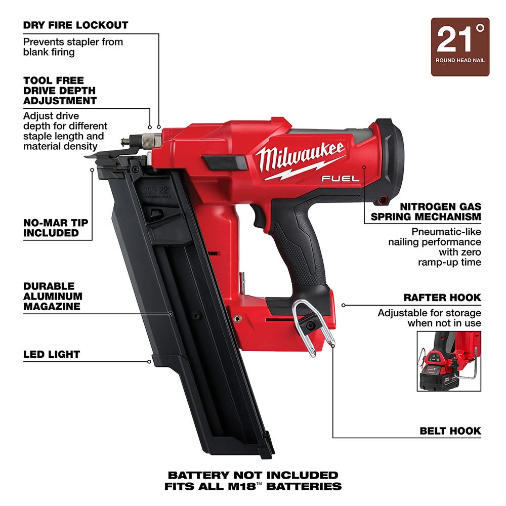 Milwaukee 2744-20 M18 FUEL Brushless 21-Degree Framing Nailer, Tool Only