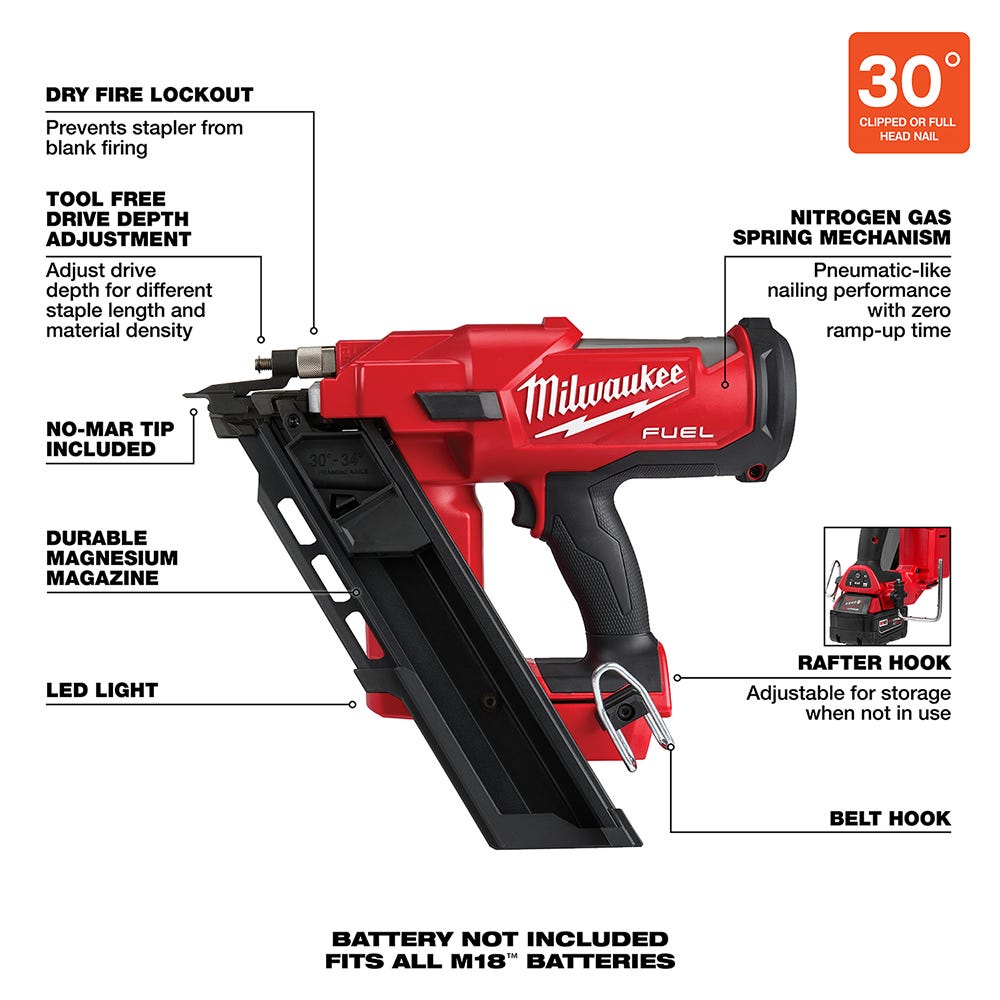 Milwaukee 2745-20 M18 FUEL Brushless 30-Degree Framing Nailer, Tool Only