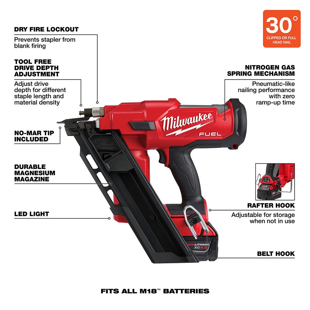 Milwaukee 2745-21 M18 FUEL Brushless 30-Degree Framing Nailer 5.0
