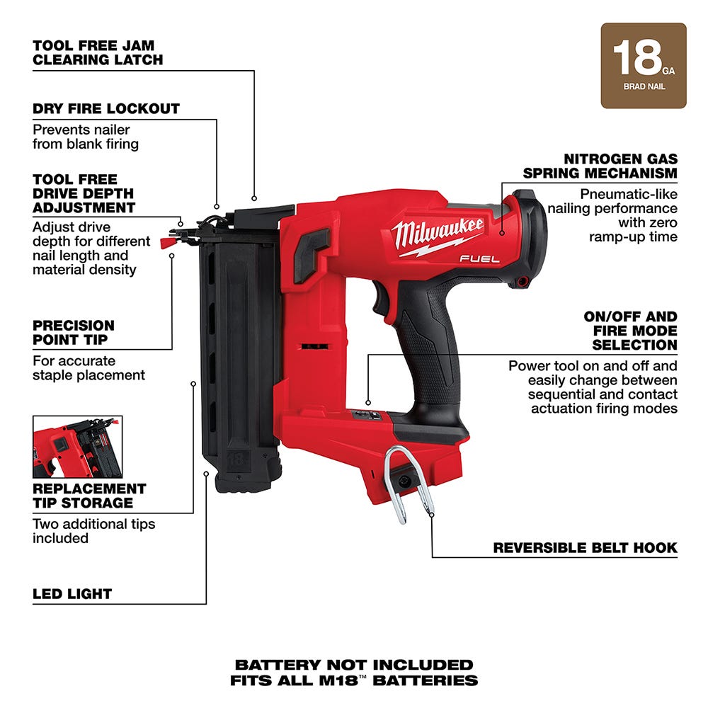 Milwaukee 2746-20 M18 FUEL Brushless Cordless 18-Gauge Brad Nailer, Tool Only