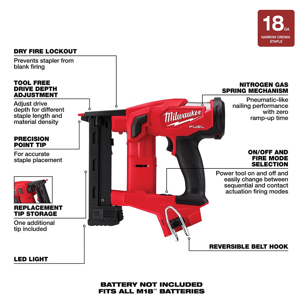 Milwaukee 2749-20 M18 FUEL 18-Gauge 1/4" Narrow Crown Stapler, Tool Only