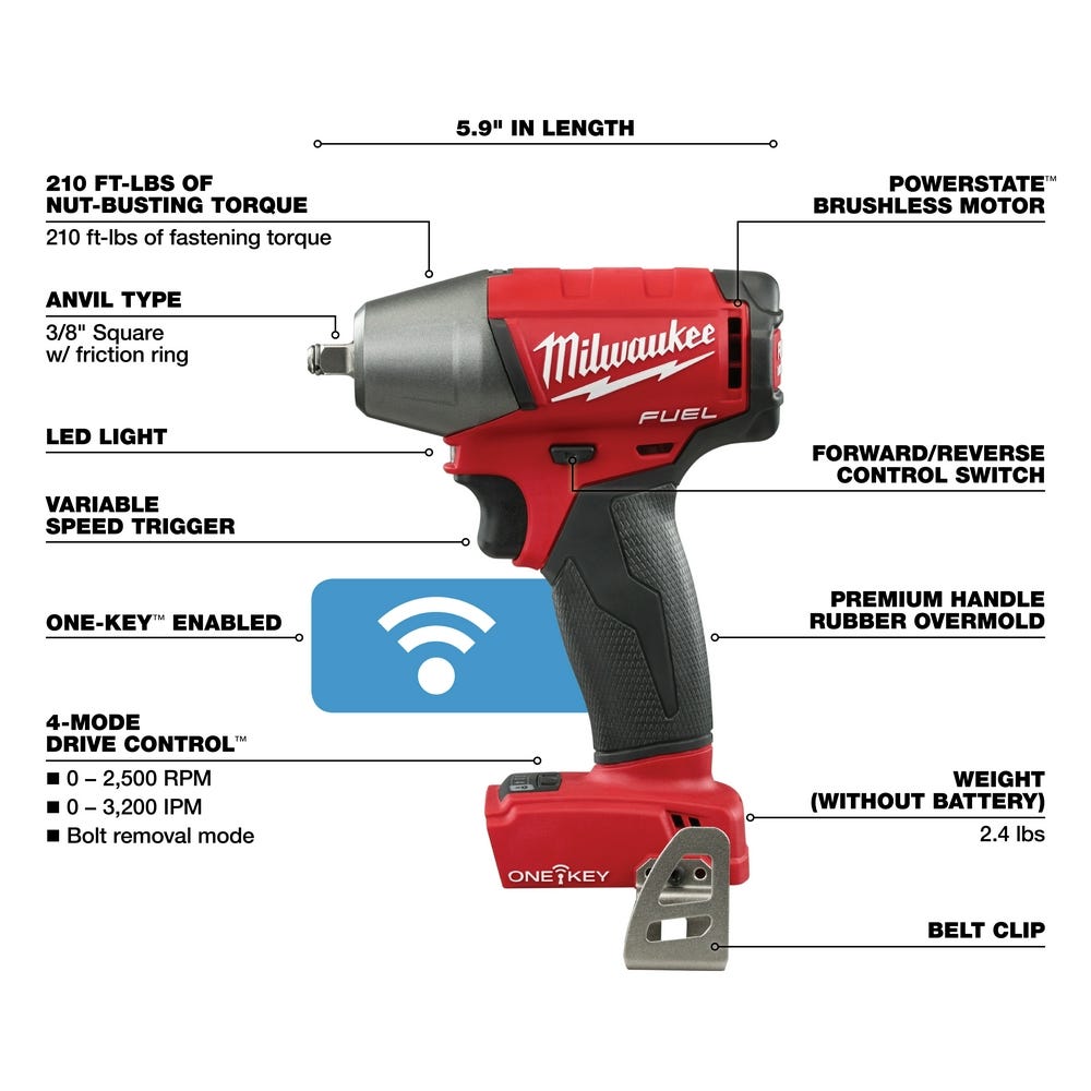 Milwaukee 2758-20 M18 ONE-KEY 3/8" Compact Impact Wrench w/ Friction Ring, Tool Only