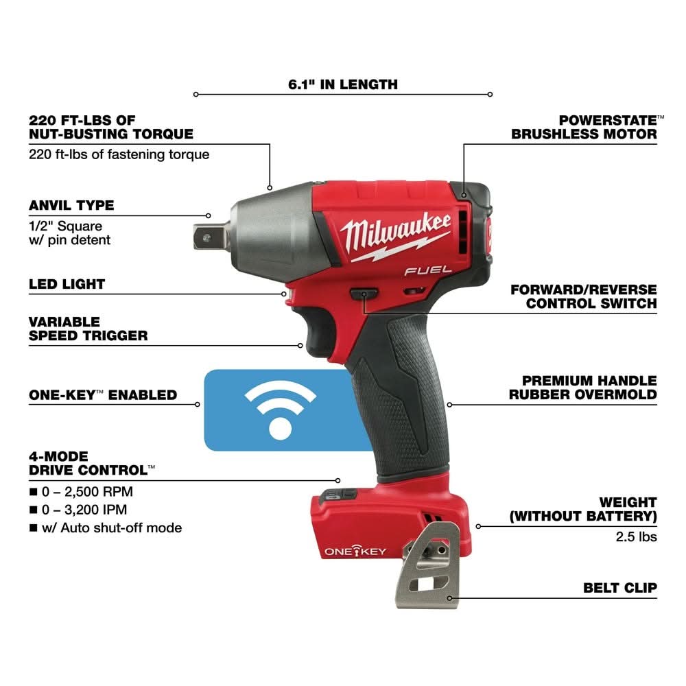 Milwaukee 2759-20 M18 ONE-KEY 1/2" Compact Impact Wrench w/ Pin Detent, Tool Only