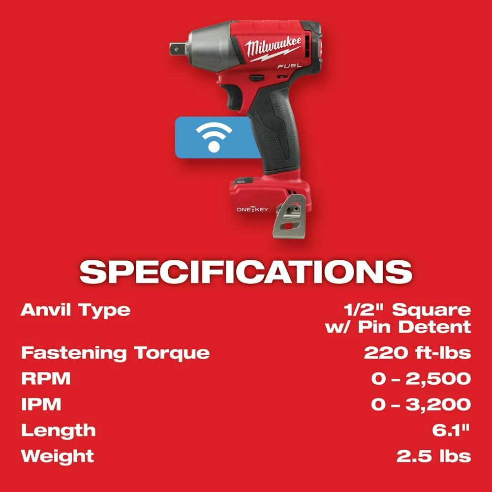 Milwaukee 2759-20 M18 ONE-KEY 1/2" Compact Impact Wrench w/ Pin Detent, Tool Only