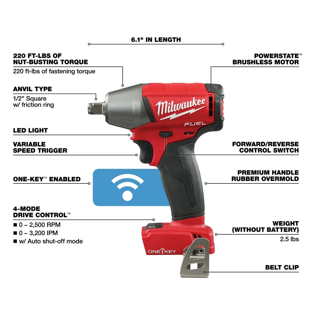 Milwaukee 2759B-20 M18 ONE-KEY 1/2" Compact Impact Wrench w/ Friction Ring, Tool Only