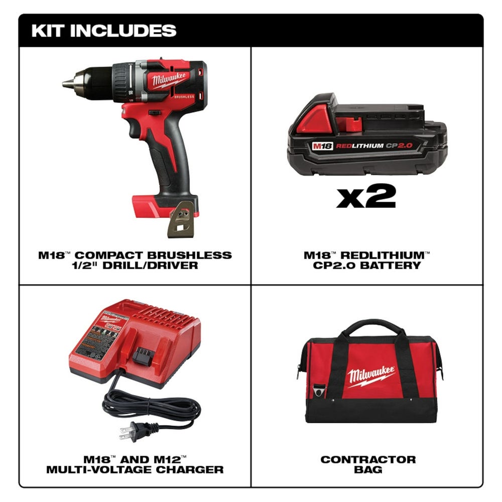 Milwaukee 2801-22CT M18 Compact Brushless 1/2-Inch Drill Compact 2.0Ah Kit