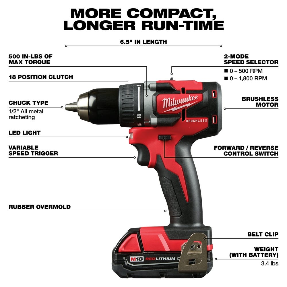 Milwaukee 2801-22CT M18 Compact Brushless 1/2-Inch Drill Compact 2.0Ah Kit