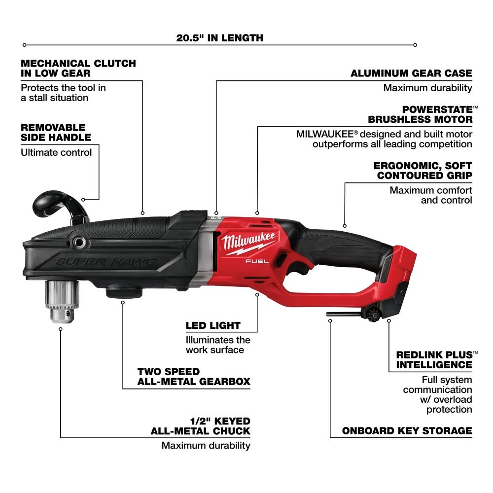 Milwaukee 2809-20 M18 FUEL Super Hawg 1/2" Right Angle Drill, Tool Only