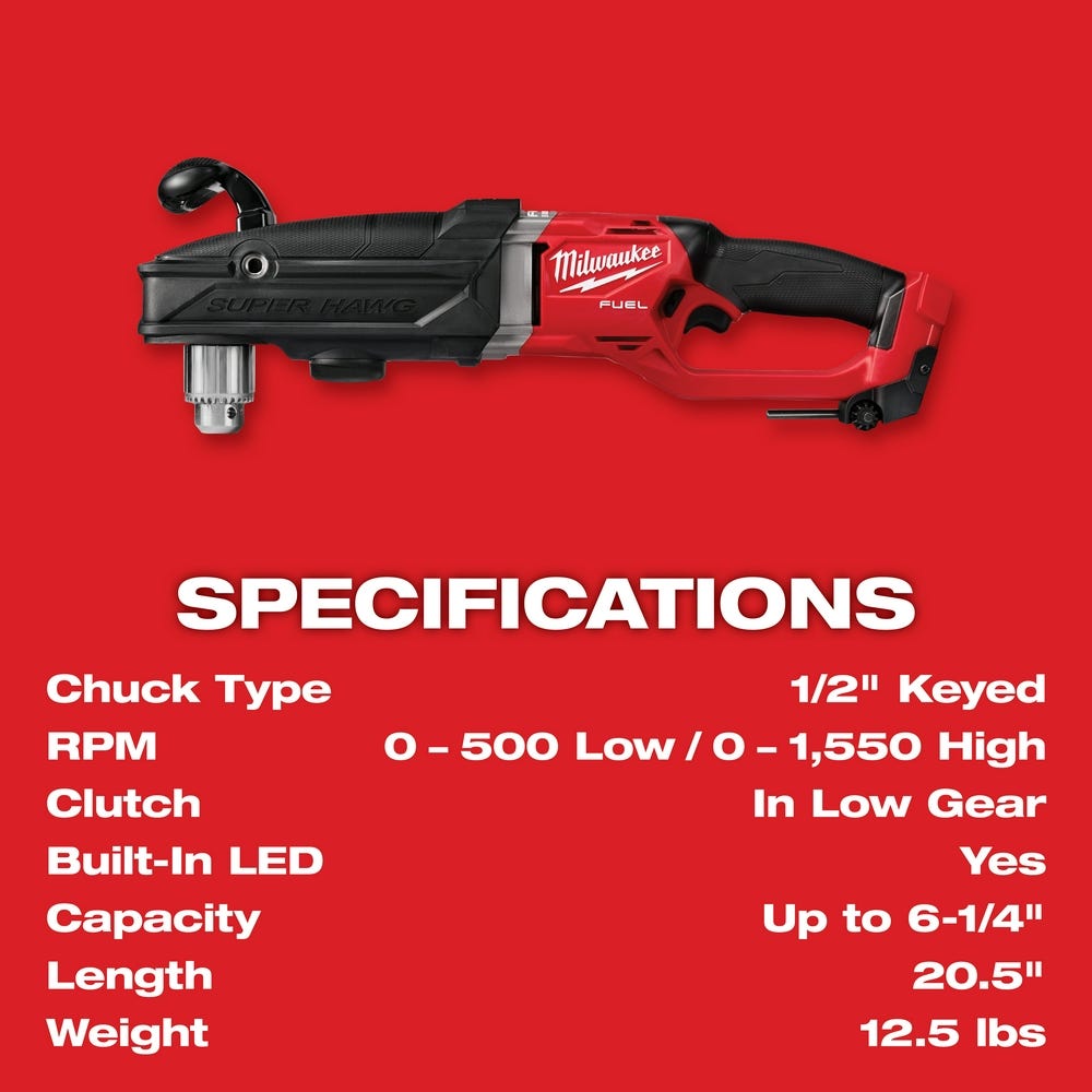 Milwaukee 2809-20 M18 FUEL Super Hawg 1/2" Right Angle Drill, Tool Only