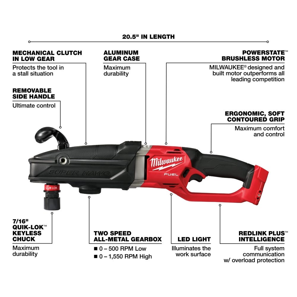 Milwaukee 2811-20 M18 FUELSUPER HAWG Right Angle Drill w/ QUIK-LOK, Tool Only