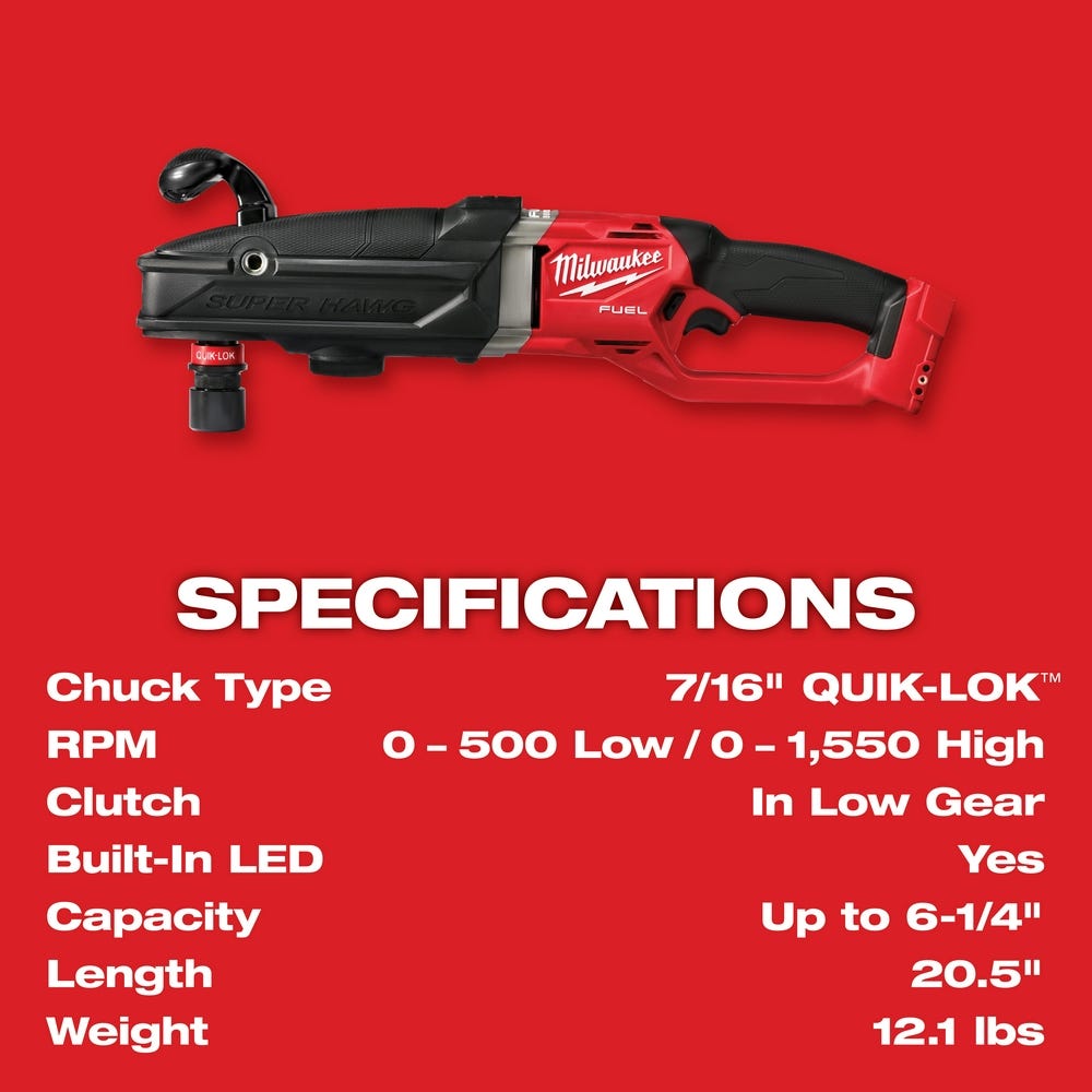 Milwaukee 2811-20 M18 FUELSUPER HAWG Right Angle Drill w/ QUIK-LOK, Tool Only