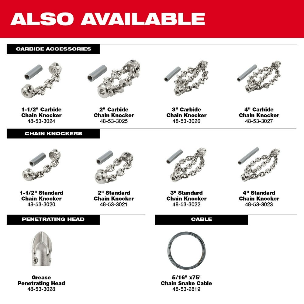 Milwaukee 2819-22 M18 FUEL High Speed Chain Snake 12.0Ah Kit for 1-1/2" - 4" Pipes