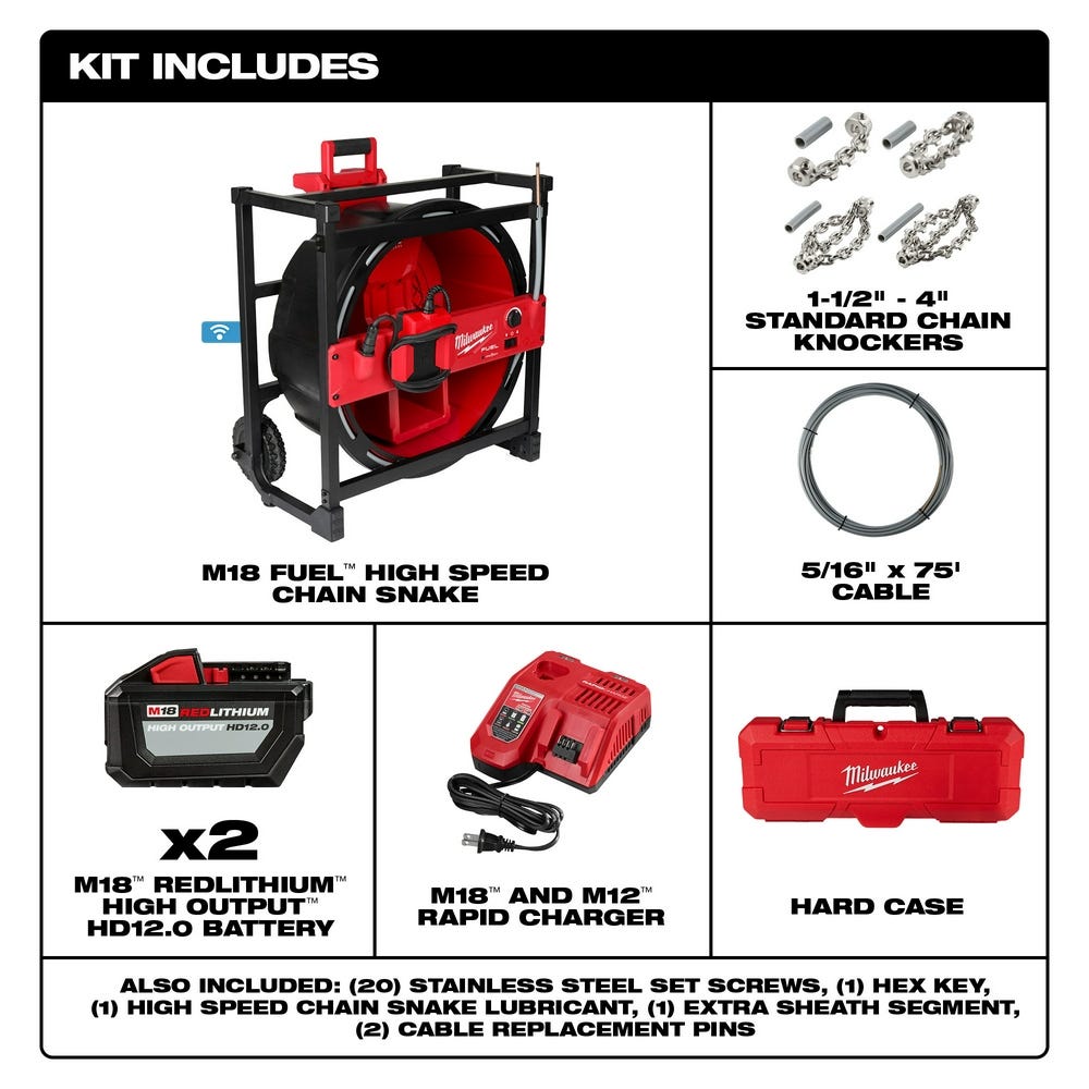 Milwaukee 2819-22 M18 FUEL High Speed Chain Snake 12.0Ah Kit for 1-1/2" - 4" Pipes