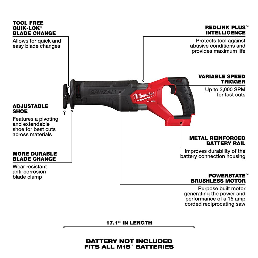Milwaukee 2821-20 M18 FUEL SAWZALL Recip Saw, Tool Only