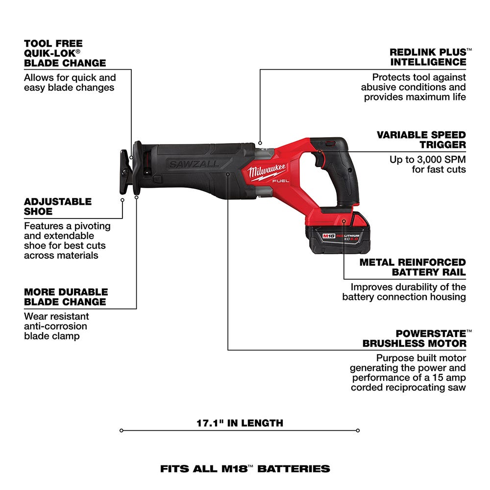 Milwaukee 2821-22 M18 FUEL SAWZALL Recip Saw, 5.0Ah Kit