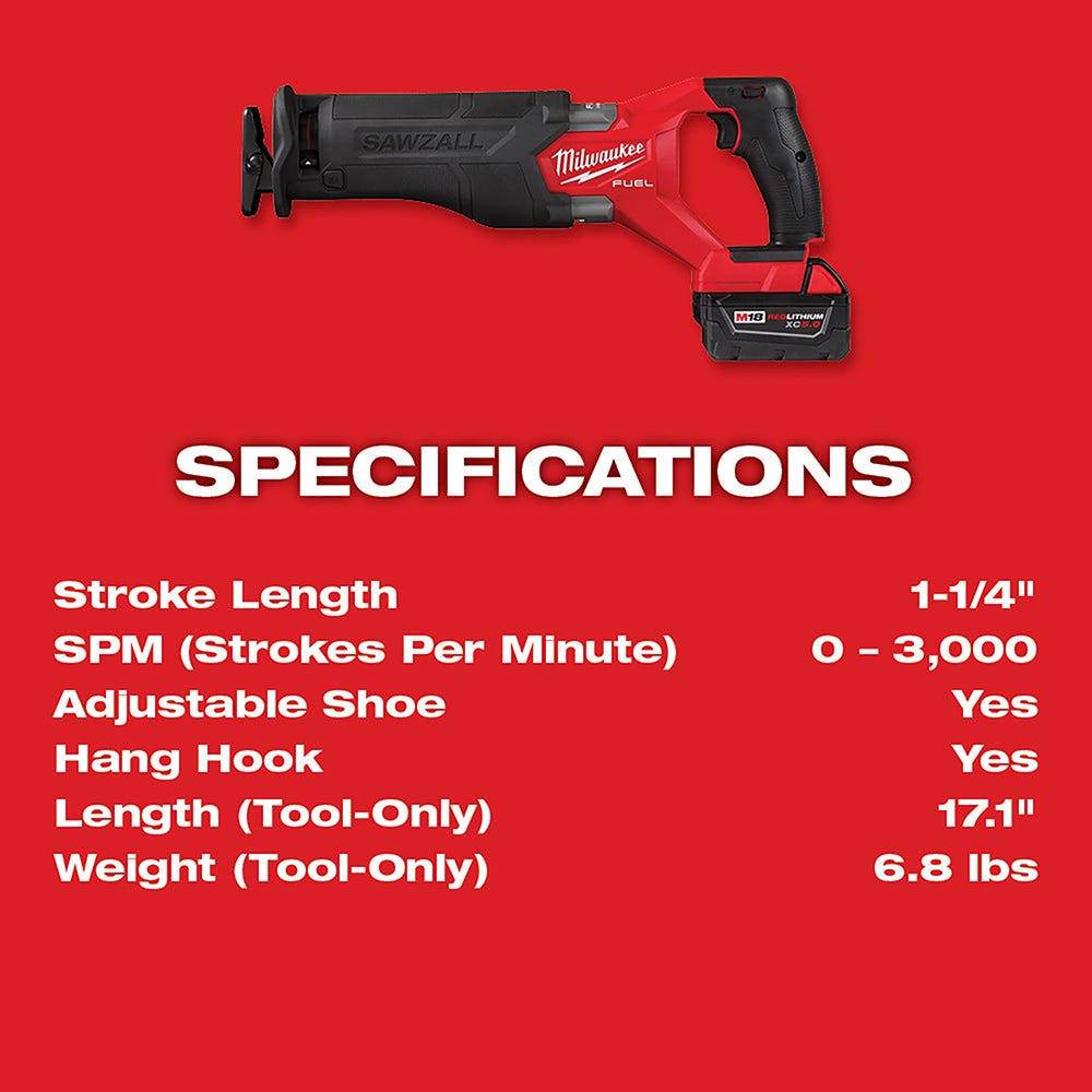 Milwaukee 2821-22 M18 FUEL SAWZALL Recip Saw, 5.0Ah Kit