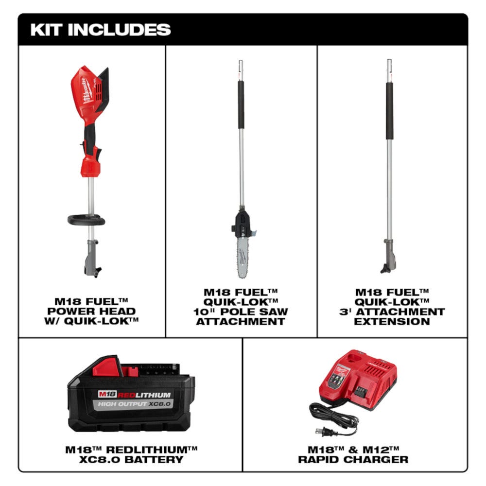 Milwaukee 2825-21PS M18 FUEL 10" Pole Saw 8.0Ah Kit w/ QUIK-LOK Attachment Capability