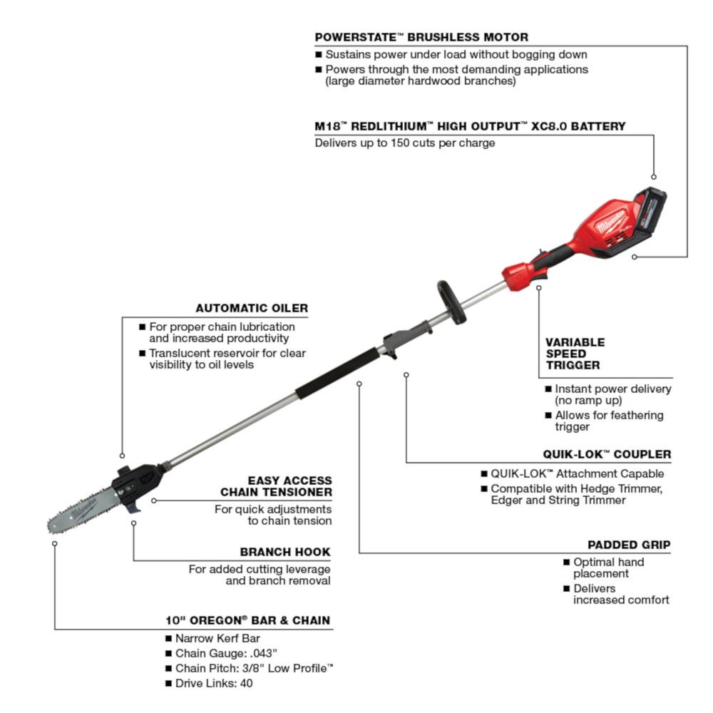 Milwaukee 2825-21PS M18 FUEL 10" Pole Saw 8.0Ah Kit w/ QUIK-LOK Attachment Capability