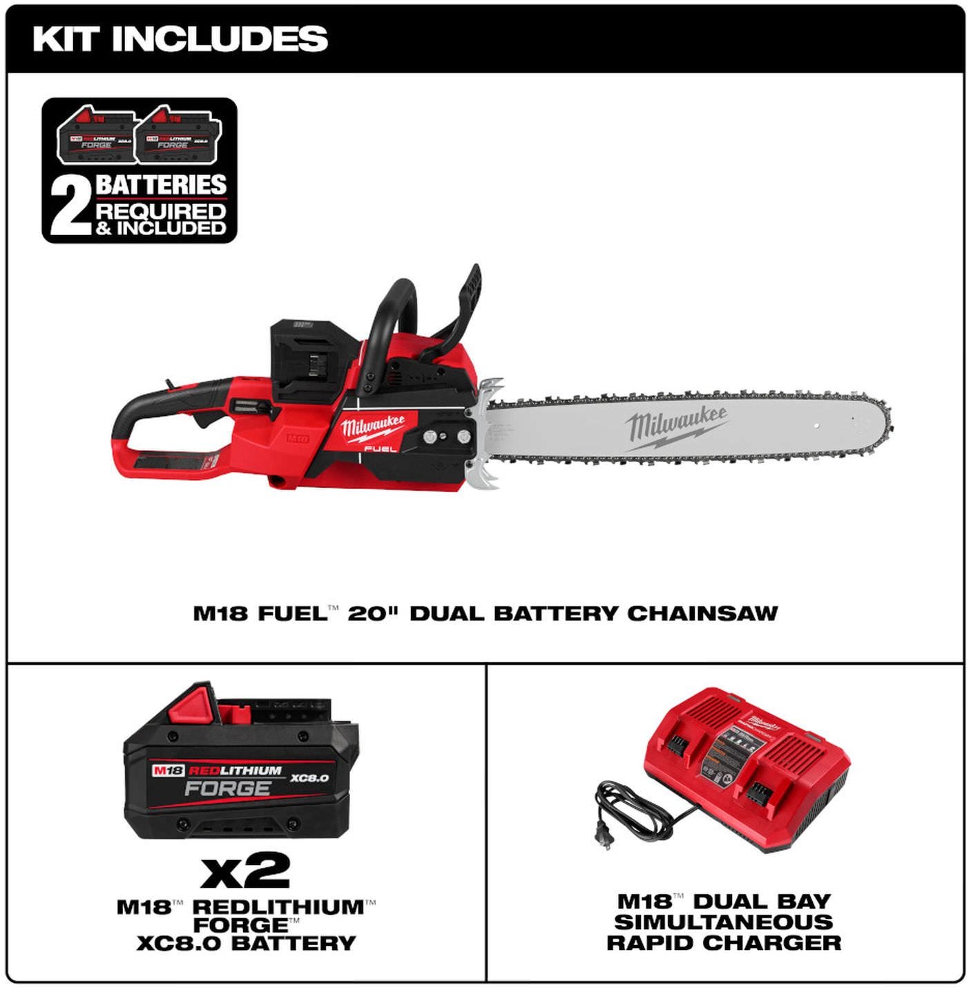 Milwaukee 2827-22 M18 FUEL 20 in. Dual Battery Chainsaw 8.0Ah Kit