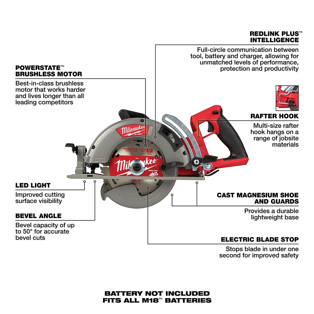 Milwaukee 2830-20 M18 FUEL Brushless Rear Handle 7-1/4" Circular Saw, Tool Only