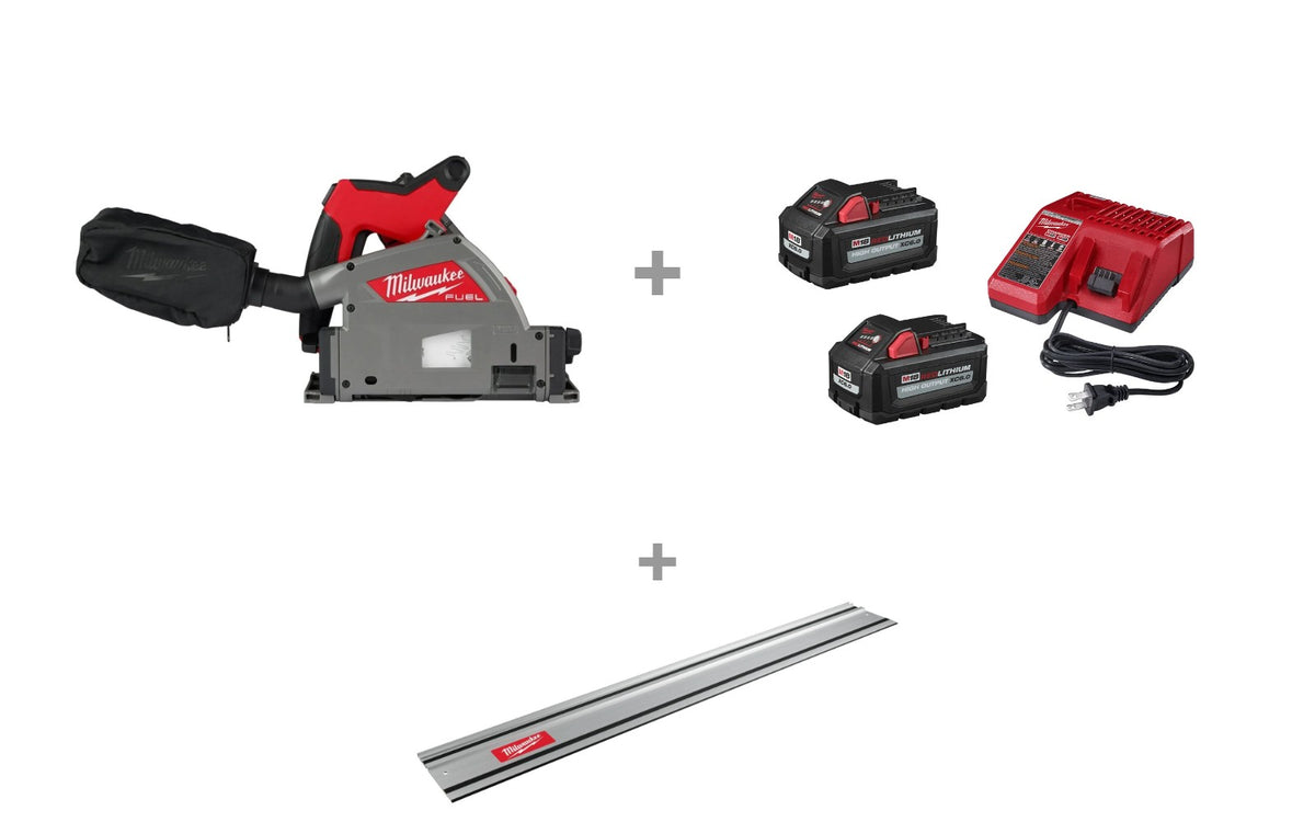 Milwaukee 2831-20 M18 FUEL Plunge Track Saw with 48-59-1862S HIGH OUTPUT XC6.0 2-Pack Starter Kit and 48-08-0571 55 in. Guide Rail