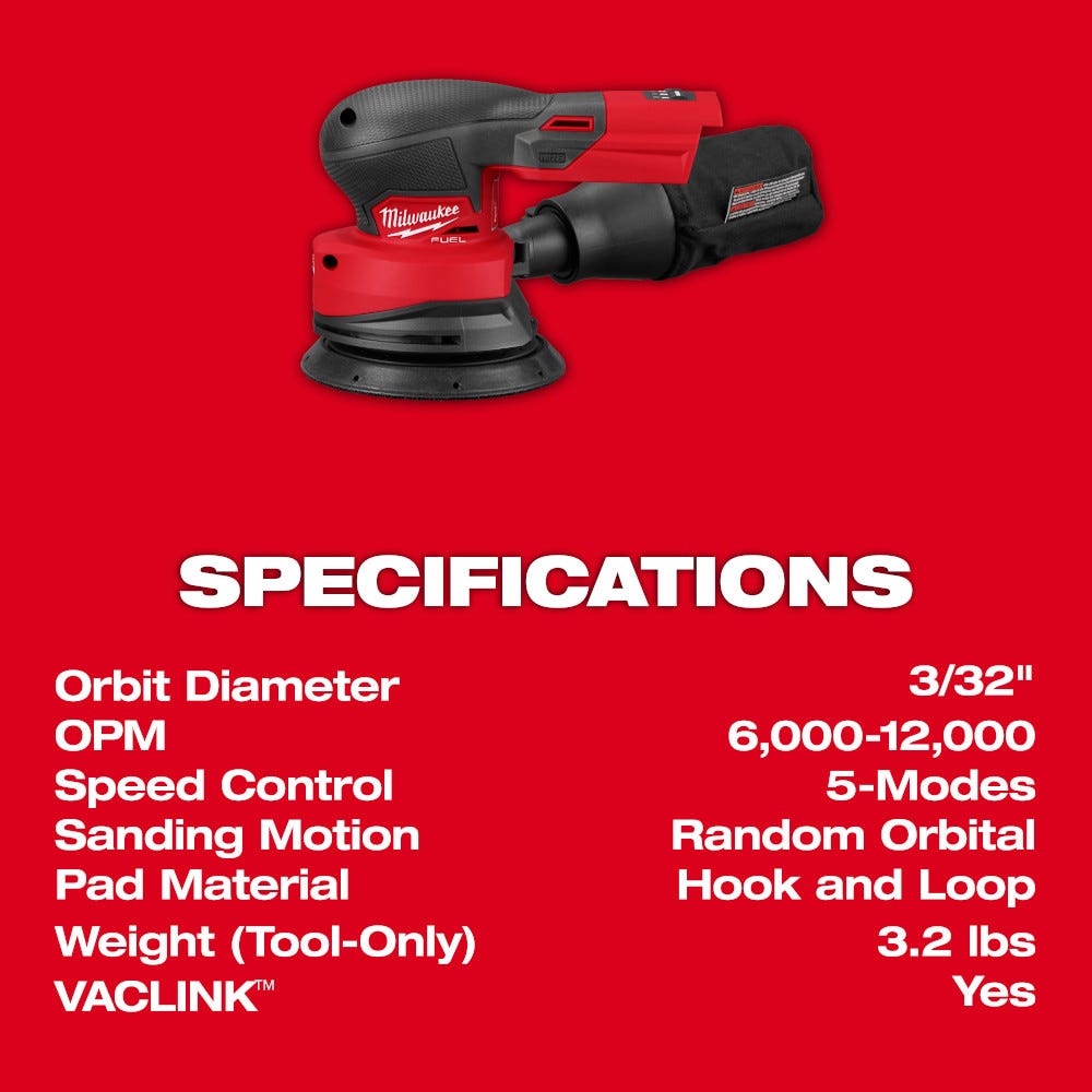 Milwaukee 2837-20 M18 FUEL 5 in. Random Orbital Sander, Tool Only