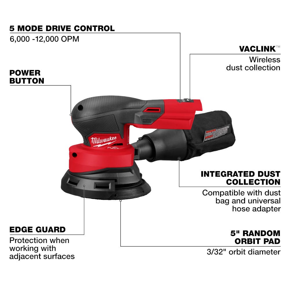 Milwaukee 2837-20 M18 FUEL 5 in. Random Orbital Sander, Tool Only