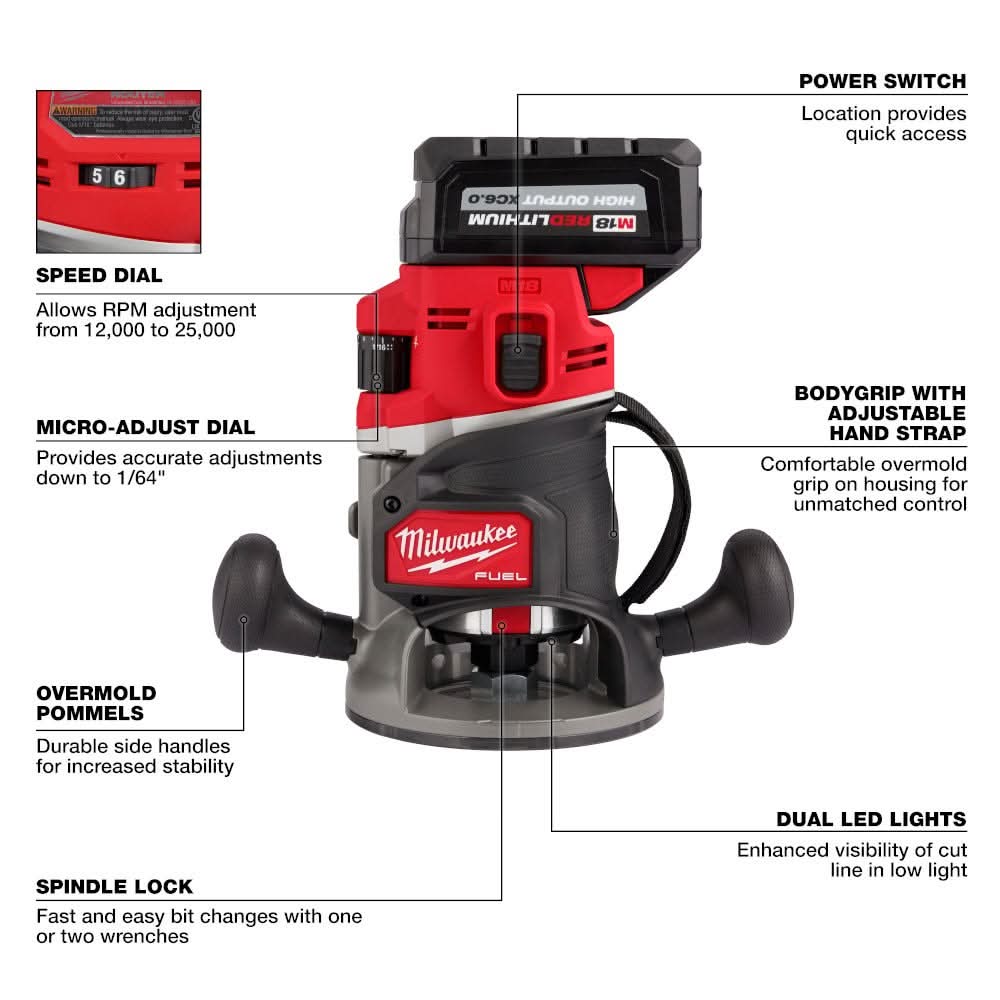 Milwaukee 2838-21 M18 FUEL 1/2-in. Cordless Router Multi-Base 6.0