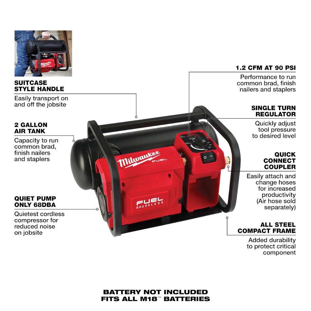 Milwaukee 2840-20 M18 FUEL 2-Gallon Cordless Compact Quiet 68db Compressor, Tool Only