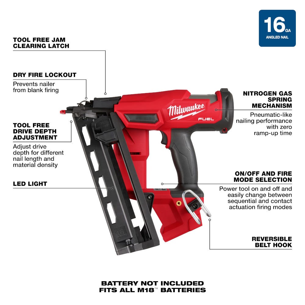 Milwaukee 2841-20 M18 FUEL 16-Gauge Angled Finish Nailer, Tool Only