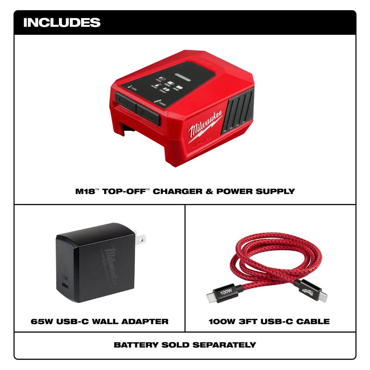Milwaukee 2847-20 M18 TOP OFF Charger and Power Supply with USB-C Ports, Tool Only