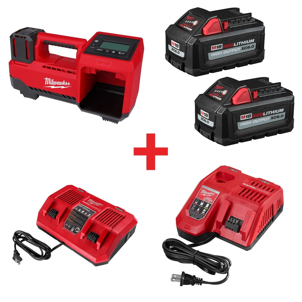 Milwaukee M18 Compact Tire Inflator with XC 6.0Ah Battery 2-Pack and M18 Dual Bay Simultaneous Rapid Charger and M18 & M12 Rapid Charger