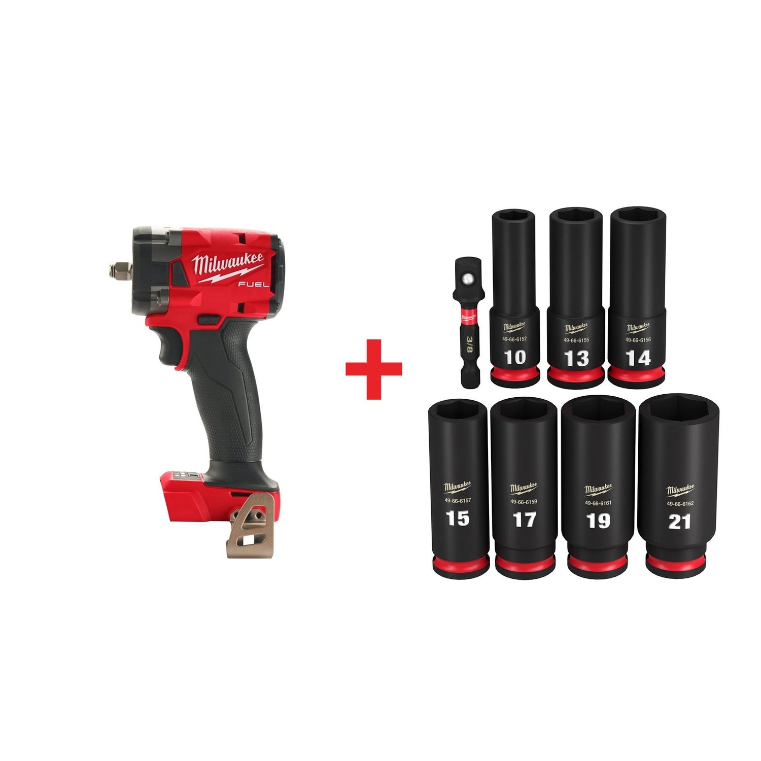 Milwaukee M18 FUEL 3/8-Inch Compact Impact Wrench with Friction Ring with 8-Piece SHOCKWAVE 3/8-Inch Drive Metric Deep 6-Point Impact Duty Socket Set