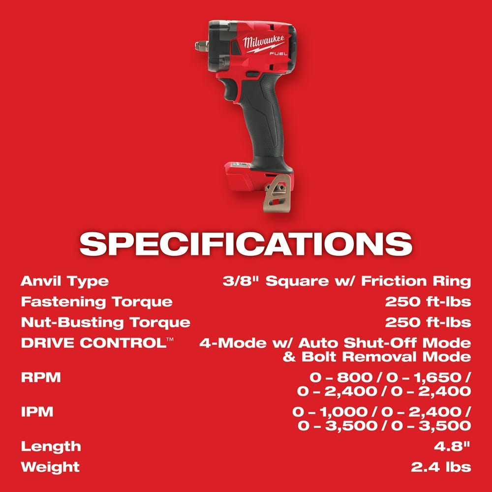 Milwaukee 2854-20 M18 FUEL 3/8-Inch Compact Impact Wrench with Friction Ring, Tool Only