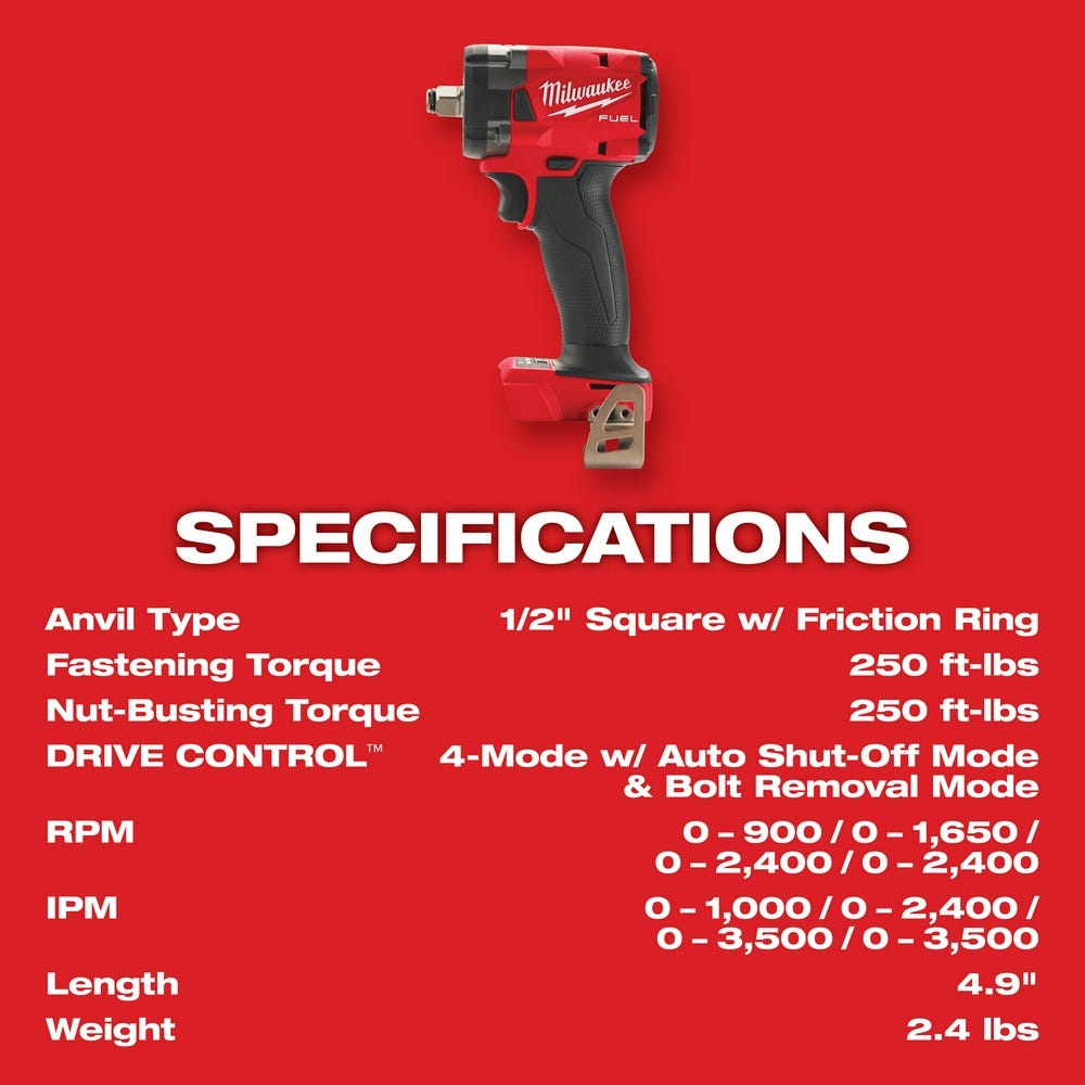 Milwaukee 2855-20 M18 FUEL 1/2-Inch Compact Impact Wrench with Friction Ring, Tool Only