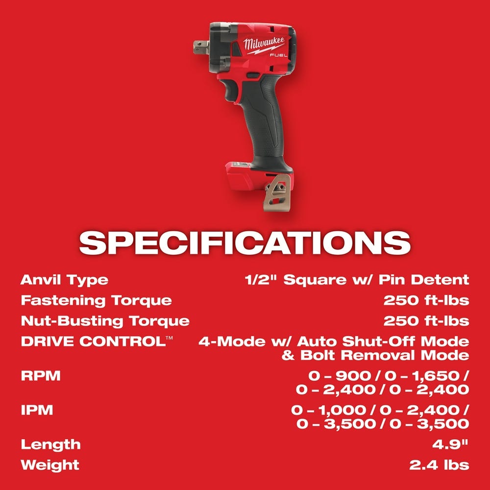 Milwaukee 2855P-20 M18 FUEL 1/2-Inch Compact Impact Wrench with Pin Detent, Tool Only