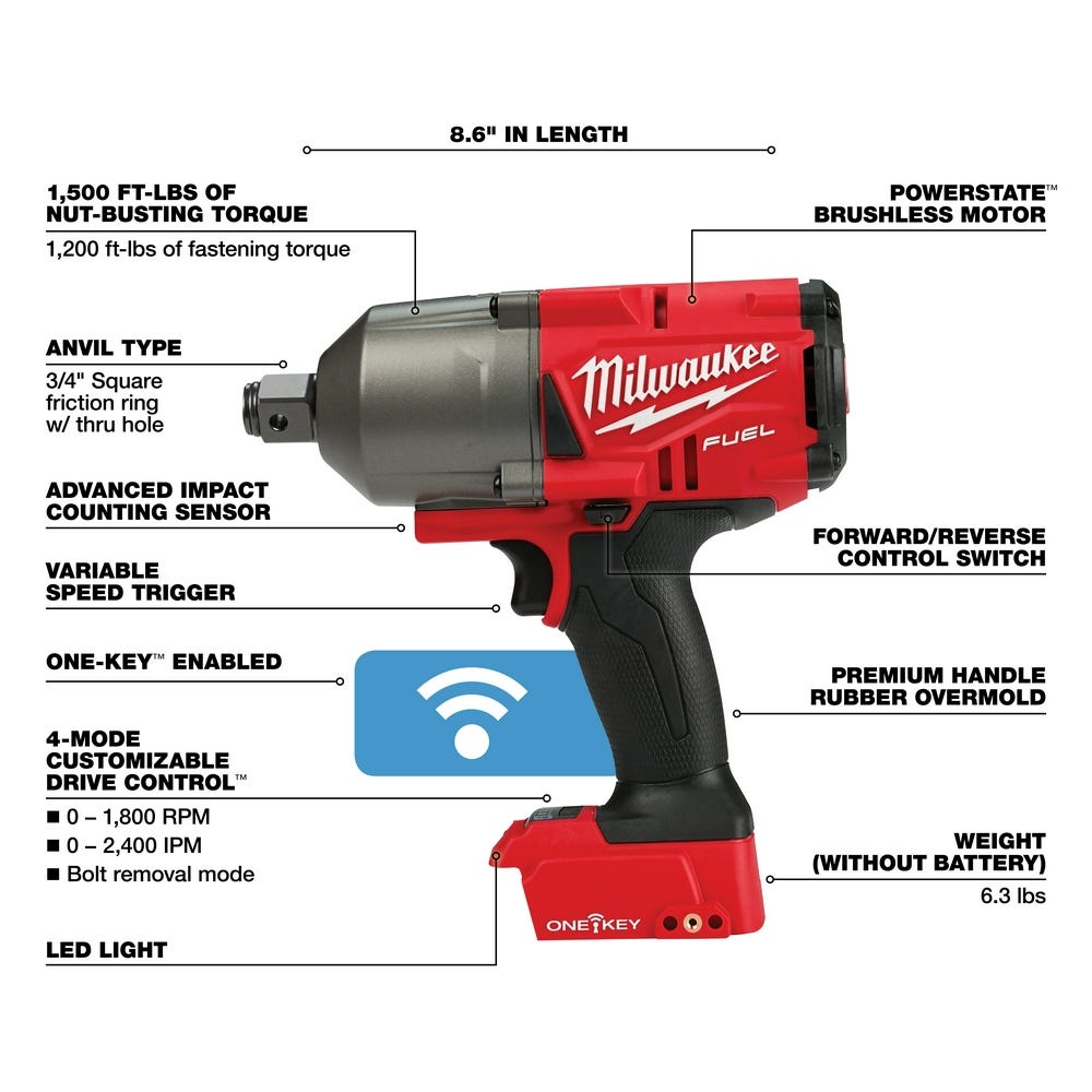 Milwaukee 2864-20 M18 Fuel W/ One-Key High Torque Impact Wrench 3/4" Friction Ring, Tool Only