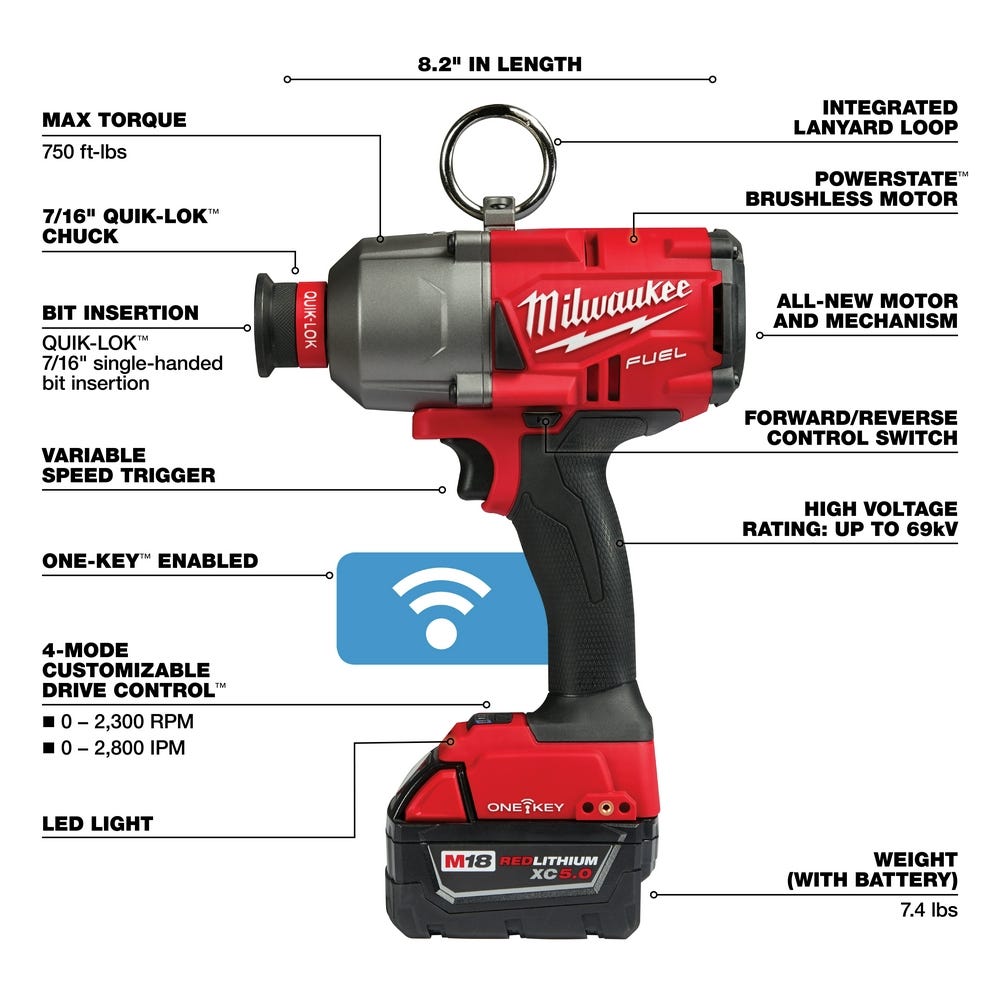 Milwaukee 2865-22 M18 Fuel 7/16" Hex Utility High Torque Impact Wrench One-Key 5.0Ah Kit