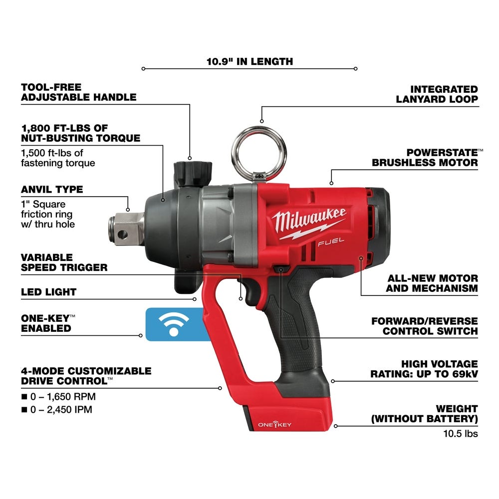 Milwaukee 2867-20 M18 FUEL Cordless Brushless 1" High Torque Impact Wrench w/ ONE-KEY, Tool Only