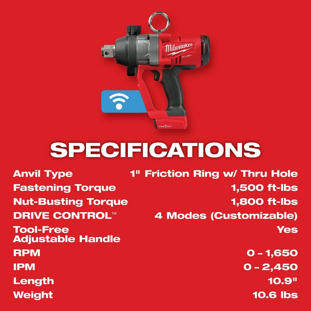 Milwaukee 2867-20 M18 FUEL Cordless Brushless 1" High Torque Impact Wrench w/ ONE-KEY, Tool Only