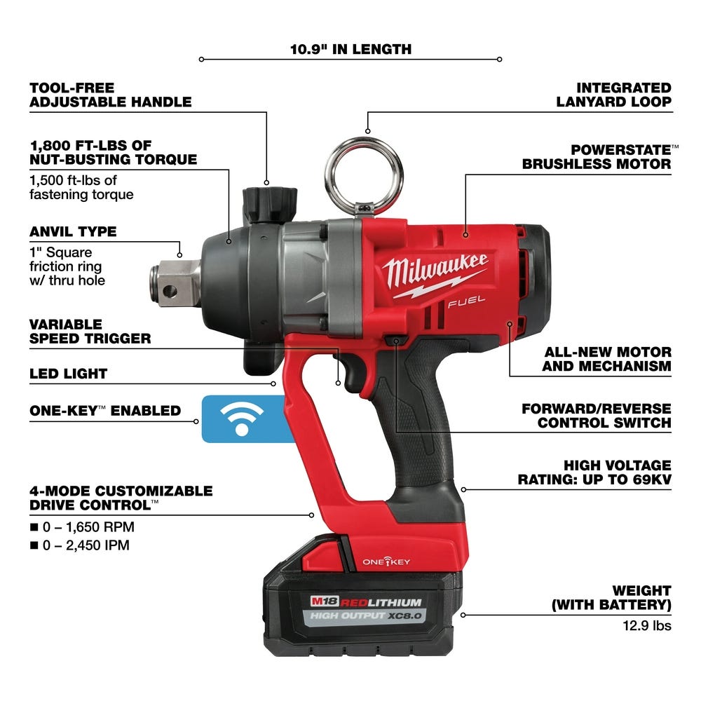 Milwaukee 2867-22 M18 FUEL Cordless Brushless 1" High Torque Impact Wrench w/ ONE-KEY 8.0Ah Kit