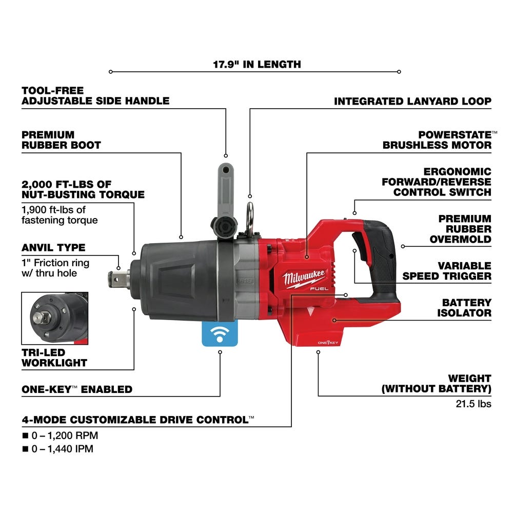 Milwaukee 2868-20 M18 FUEL 1" D-Handle ONE-KEY High Torque Impact Wrench, Tool Only