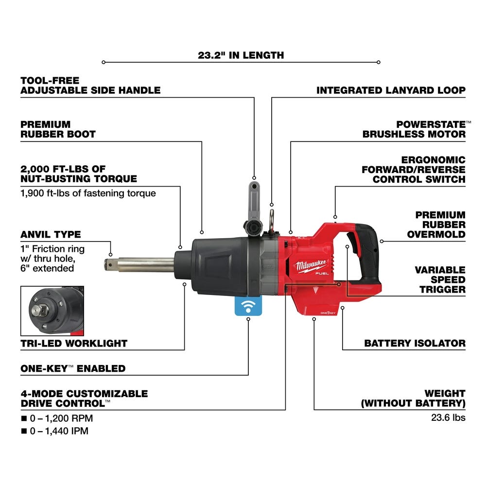 Milwaukee 2869-20 M18 FUEL 1-Inch D-Handle Extended Anvil High Torque Impact Wrench with ONE-KEY, Tool Only